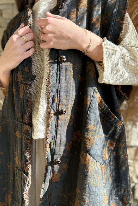 Oriental Bloom Longline Gilet Jacket Navy 